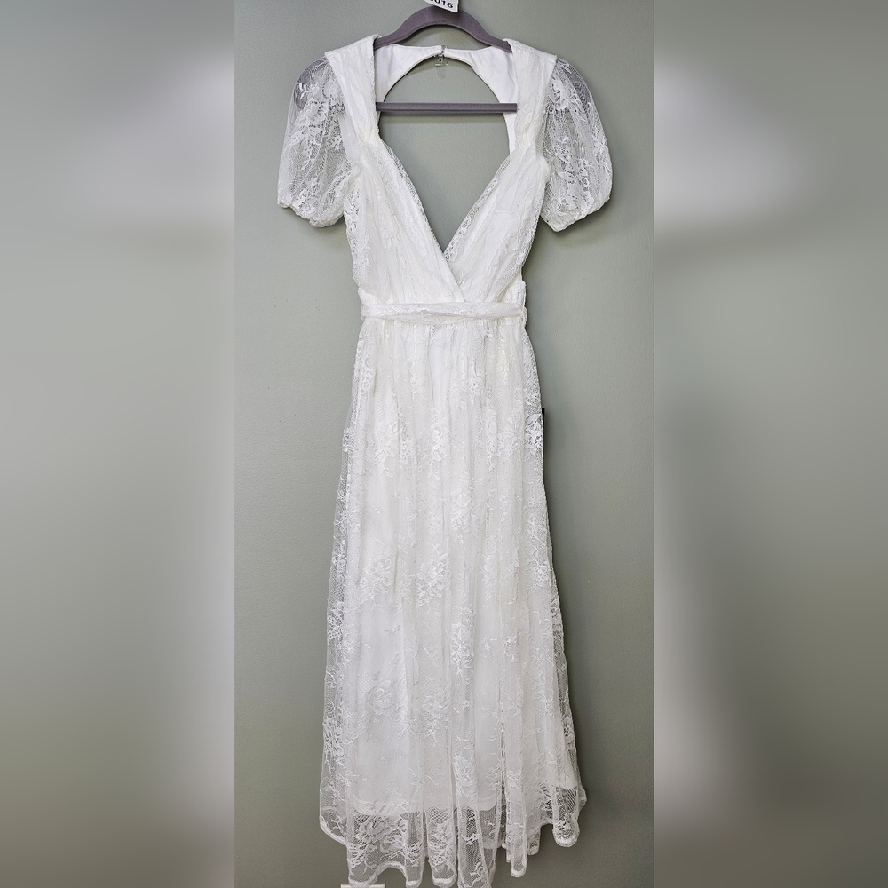 Lulus Romantic Prose White Lace Puff Sleeve Backless Midi Skater Dress, Small - Picture 10 of 14